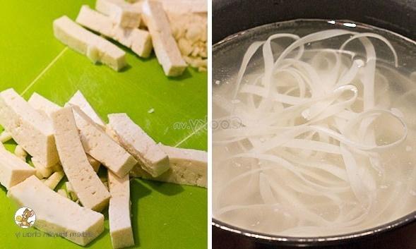 soak rice noodles and cut tofu